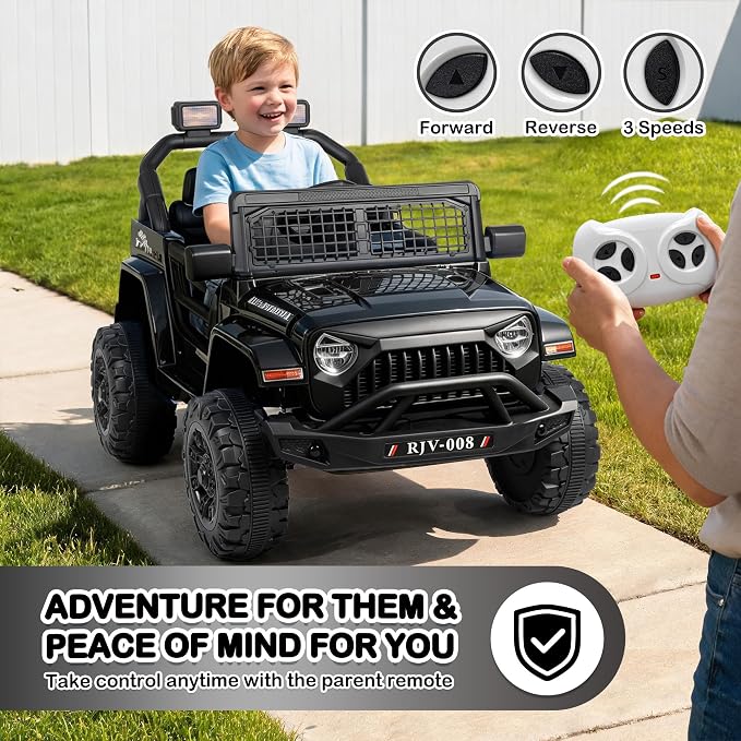12V 7AH Kids Ride-On Truck Car, Electric Car with Parent Remote Control, Spring Suspension, LED Lights, Bluetooth, Music, Black