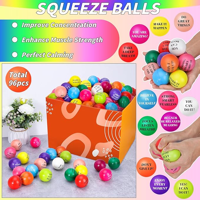 60 Pieces Motivational Stress Balls 2.5 Inch Inspirational Stress Relief Ball Bulk Hand Exercise Balls Encouraging Colorful Foam Balls Anxiety Small Balls with Quotes for Kids Adults Teens, 12 Styles
