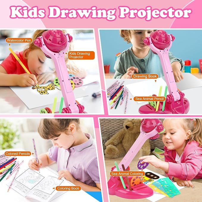 Sumsoltic Drawing Projector for Kids, Art and Craft Kit,Including Colored Pencils, Crayons, Coloring Books, Toys for 3+ Year Old Girls (Pink Drawing Kit v2)