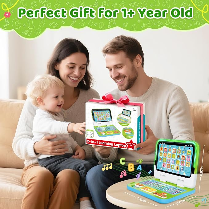 2 -in-1 Kids Laptop Tablet with Music Light Sound, Learning Toy for 1 2 3 Year Old Boys Girls, Interactive Educational Toys for Toddler 1-3, 1st Birthday First for Baby 12-18 Months