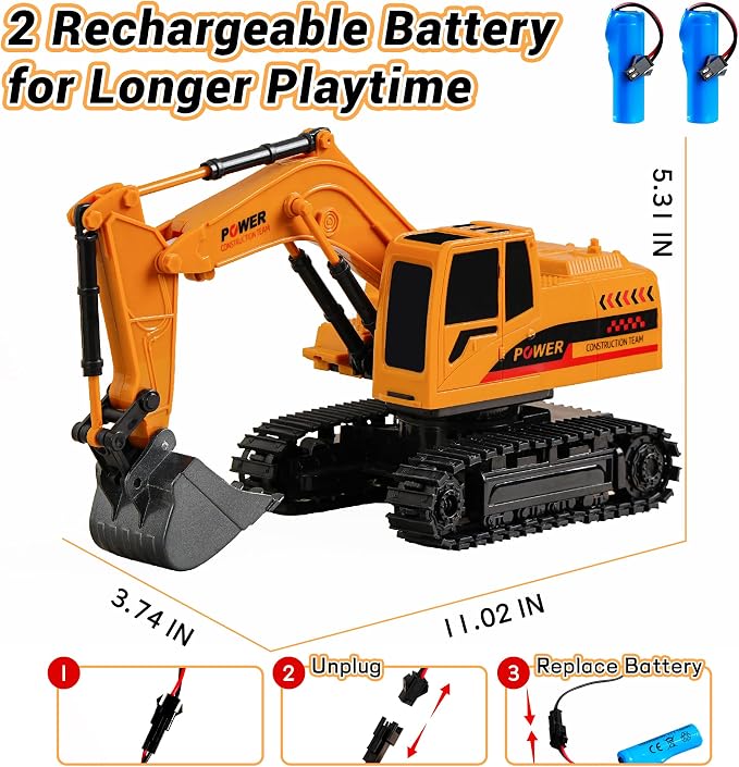 Remote Control Excavator Toy 12-Channel Mini RC Excavator with 2 Batteries & Metal Bucket Lights Sounds RC Digger Construction Vehicles Toys for Boys 3+ Years Old