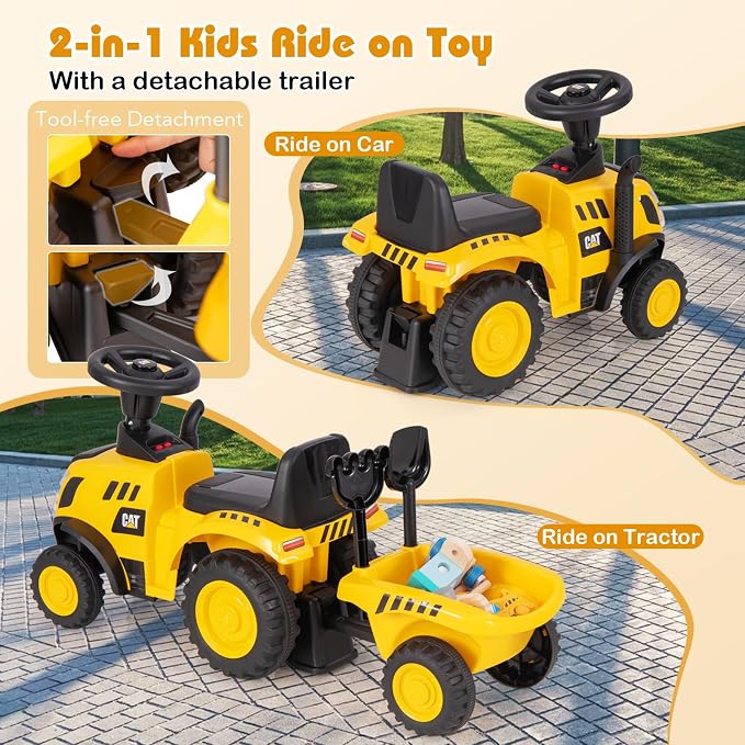 Costzon Kids Ride on Tractor, 2-in-1 Licensed Caterpillar Ride on Push Car w/Detachable Trailer, Horn, LED Lights, Rake & Shovel, Foot-to-Floor Sliding Car Gift w/No Power, Ride on Toy for Toddlers