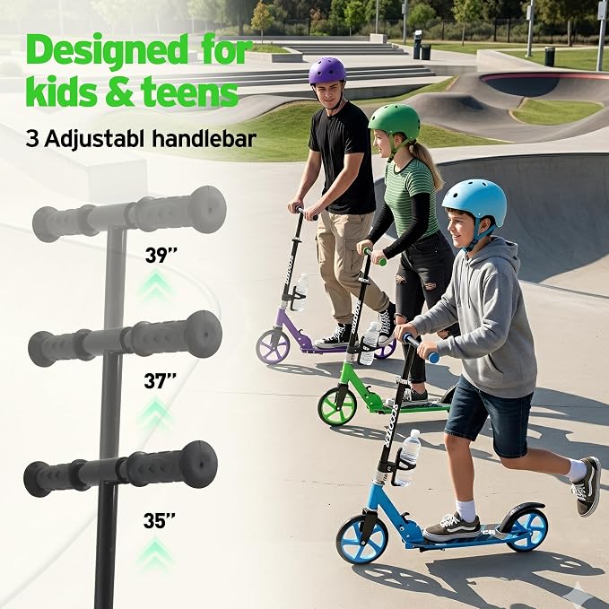 Scooter for Kids Ages 6+, Teens & Adults, Max Load 240 LBS, Foldable Kick Scooter with 8-inch Big Wheels, Kickstand, 3 Adjustable Levels, Rear Brake,