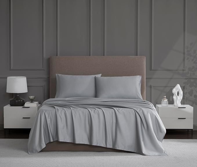 Linen Closet Luxury 1200 Thread Count Full Size Sheets Set, 4 Pieces, Cotton Rich, Light Gray, Soft, Durable & Wrinkle Resistant Sateen Sheets, 16" Deep Pocket Fitted Sheet, Home & Hotel Essentials