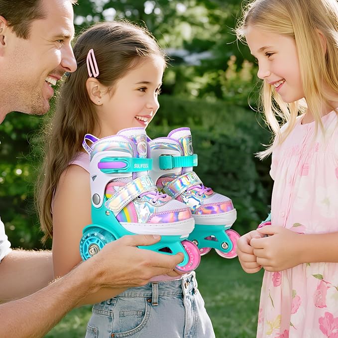 SULIFEEL Rainbow Unicorn 4 Size Adjustable Roller Skates for Girls Boys for Kids Ages 3-5 5-8 6-12 Children Skates Indoor Outdoor