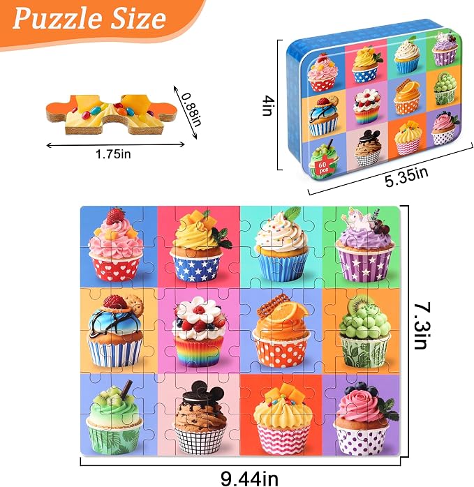 MZZOTOY Cupcake Puzzle for Kids Ages 4-8, 60 Pieces Jigsaw Puzzles for Kids Ages 3-5， Learning Educational Puzzles Toys Great Gift for Boys Girls in a Metal Box
