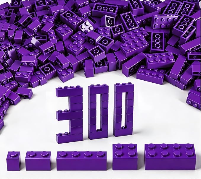 300Pcs Building Brick Bulk, Purple Bulk Bricks with 5 Sizes, Compatible with Lego and Parts and Pieces, Creative Building Block Toys for Boys Girls Ages 6 7 8 9 10 Years Old