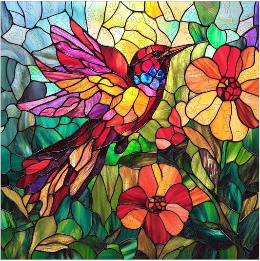 Mocfesk Wooden Puzzles for Adults, 200 Pieces Stained Glass Hummingbird Jigsaw Puzzle, Animal Shape Wood Puzzles, Gift for Bird Lovers, Wall Decor, 11.2 x 11.2 in