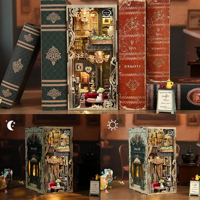 CCCDF Book Nook Kits for Adults and Teens, DIY Miniature Dollhouse Kit 3D Wooden Puzzle Booknook Bookend with LED Light, Gifts for Family, Friends (Saison Café)