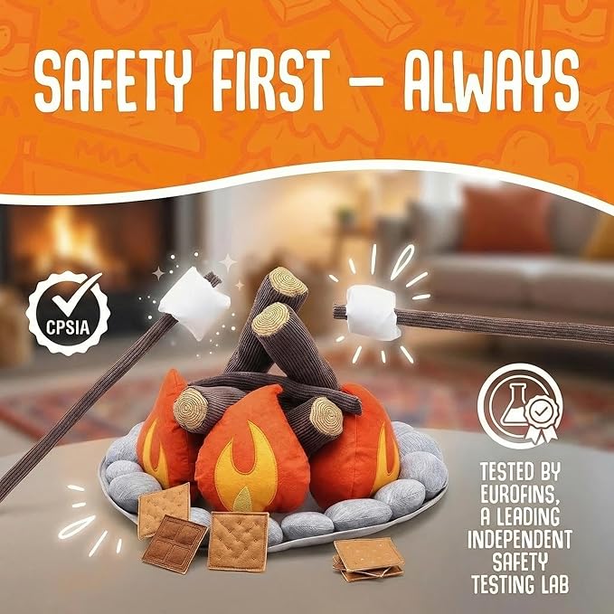 Pretend Campfire - Sensory Play Pretend Camping Set for Kids with Plush Fire, Logs and Stones - 17 Pieces - Safe, Soft, Fake Fire Pit - Felt Toy Campfire Playset for Kids
