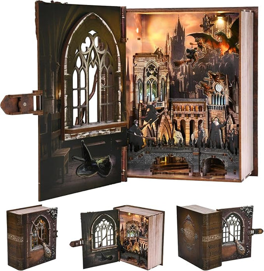 CCCDF Book Nook Kit, DIY Miniature Dollhouse Magic Book for Adults and Teens, 3D Wooden Puzzle Bookends with Sensor Led Light, Gifts for Family, Friends (Introduction to Magical Flight)