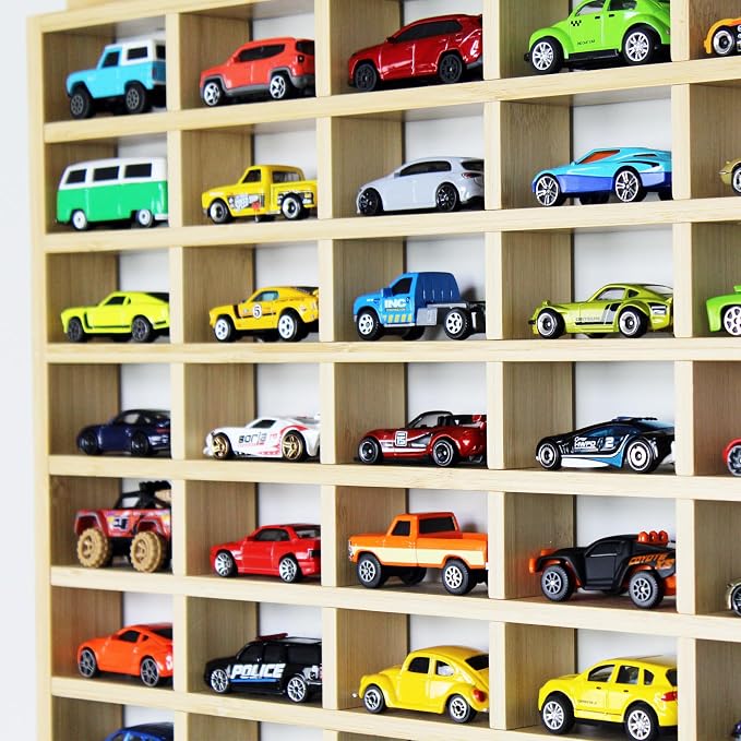 Car Garage Toy Shelf Display - Wall Mount for 1/64 Diecast Toy Cars - Wooden Wheels Shelf - Gift for Collectibles - Wall-Mounted Toy Car Storage Cabinet (105 Cars)