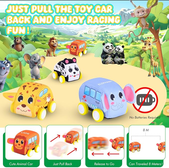 Jetbotell Soft Pull Back Vehicle & Music Mat Set for Toddler Toys 1-3 | New Interactive Mode | 4 Cute Animal Cars | Touch Play Blanket | 3 Nursery Rhyme | 8 Animal Finding Problems | Safe Portable