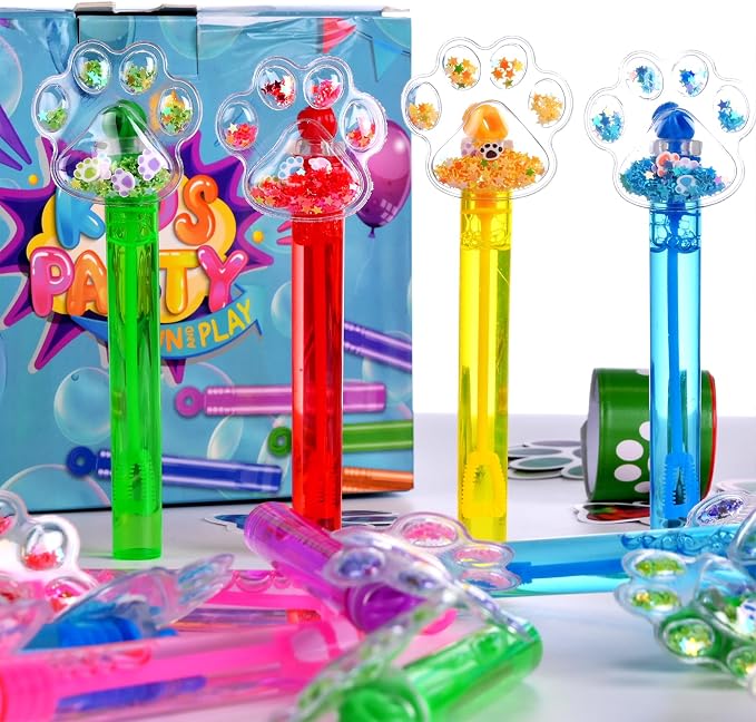 24PCS Glitter Paw Print Bubble Wands for Kids Paw Blue Puppy Dog Party Favors Supplies Decorations Pinata Filler Goodie Bags Suffer Classroom Prizes Birthday Gifts