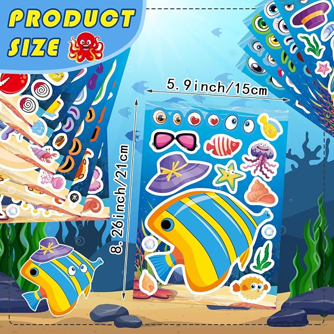 24 Sheets Ocean Stickers for Kids, Make Your Own Ocean Animals Stickers for Kids, Toddlers Classroom Art Crafts, Summer Birthday Party Favors