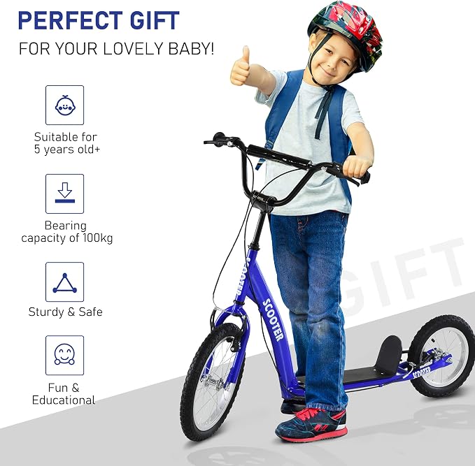 Aosom Youth Scooter Kick Scooter for Kids 5+ with Adjustable Handlebar 16" Front and 12" Rear Dual Brakes Inflatable Wheels