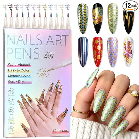 12 Colors Metallic Nail Art Pens Set, 0.5mm Nail Polish Pens Acrylic Paint Markers for Nails, Quick-Drying Glitter Nail Polish Pens for 3D Drawing, DIY Manicure Tools for Home & Salon
