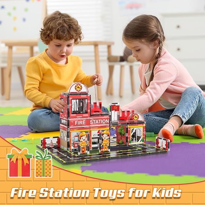 AFUNX Magnetic Tiles, 50PCS Fire Station Theme Building Blocks Set, Magnet Building Blocks and STEM Preschool Toys for Toddlers Kids Ages 3-5 5-7 8-10