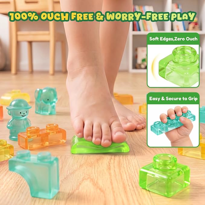 Gummy Bloc Safari Adventure Sensory Soft Building Blocks for Toddlers, 52 PCS Montessori Squishy Stacking Toy Set, Jungle Animal Theme Squeeze Blocks , Non-Toxic STEM Preschool Gift for Boys Girls