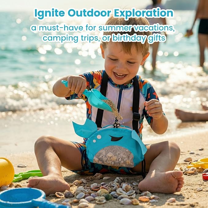 AMOR PRESENT Mesh Baby Beach Bag, Shell Collecting Bag with Shovel Crab-Shaped Adjustable Strap for Holding Shell Sea Pool Sand Toy, Blue