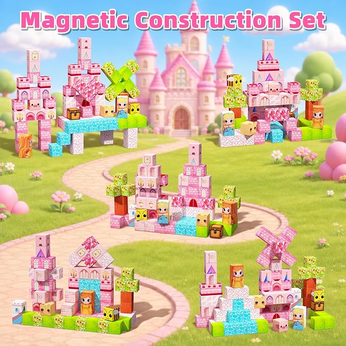 100PCS Magnetic Blocks, Magnetic Building Cube Set for Kids Ages 3+, Constructions STEM Stacking Tiles Toy Building Birthday Gifts for Girls