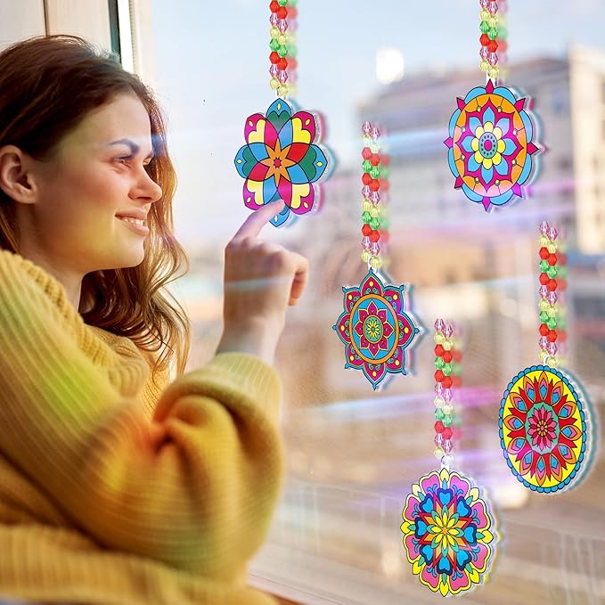 Pasimy 36 Sets Mandala Suncatchers Crafts Kit Flower Window DIY Hanging Ornaments Decorations Spring Summer Paint Your Own Activities Arts Project Party Favors Gifts for Mother Classroom Home