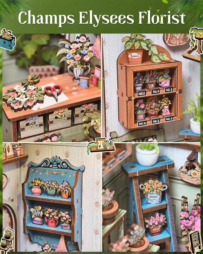 Cutefun Book Nook Kit - DIY Miniature Dollhouse Kit for Adults and Teens, French Flower Shop Mini House Building Kit with LED, 3D Wooden Puzzle for Beginner Creative Gifts (Champs-Élysées Florist)