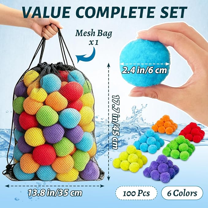 Xeehwb 100 Pcs Reusable Water Balls,Soft Soaker Splash Balls with Mesh Bag,Water Games Toys Ball for Outdoor Water Games Summer Fun,Pool Party,Beach Activities(6 Colors)