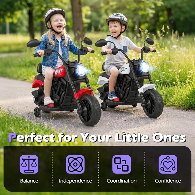 Costzon Kids Motorcycle, 6V Chopper Motorbike Ride on Toy with Headlight, Music, Training Wheels, Electric Toddler Motorcycle for Kids Boys Girls, Gift (White, 31" x 23" x 22"(L x W x H))