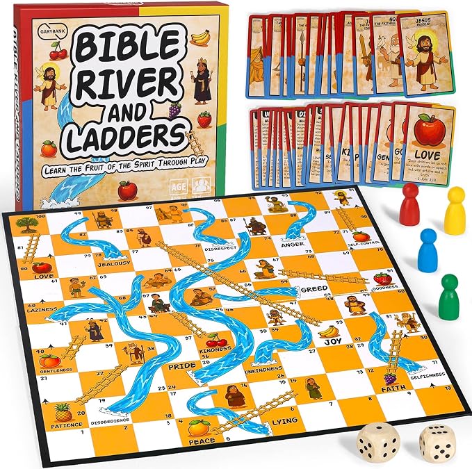 Garybank Bible River and Ladders Board Game for Kids, Fruit of the Spirit Games with Christian Virtue Story Cards, Bible Study Supplies for Sunday School, Youth Group & Family, Christmas & Easter Gift