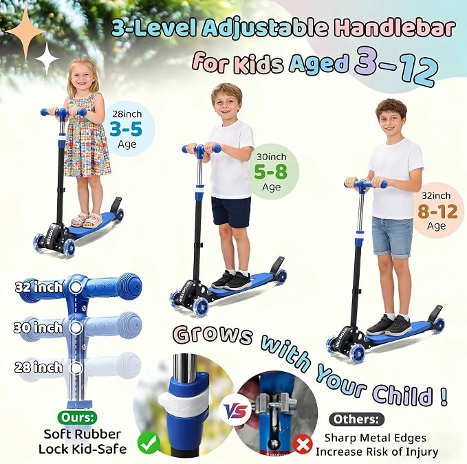 Kick Scooters for Kids 5-7 8-12,Lean to Steer,Three Wheeled Light Up,28"-32" Adjustable Handlebar,Widen Anti-Slip Deck,Floor Push Scooter for Boys Girls Ages 6-12 3-4 Old,Foldable for Travel