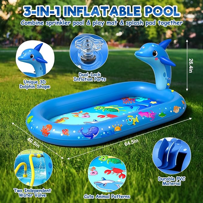 Splash Pad for Toddlers, 3-in-1 Dolphin Inflatable Baby Pool Sprinkler for Kids, Baby Splash Pads Outdoor Play Mat, Backyard Summer Water Toys Birthday Gift for 1+ Year Old Girls Boys