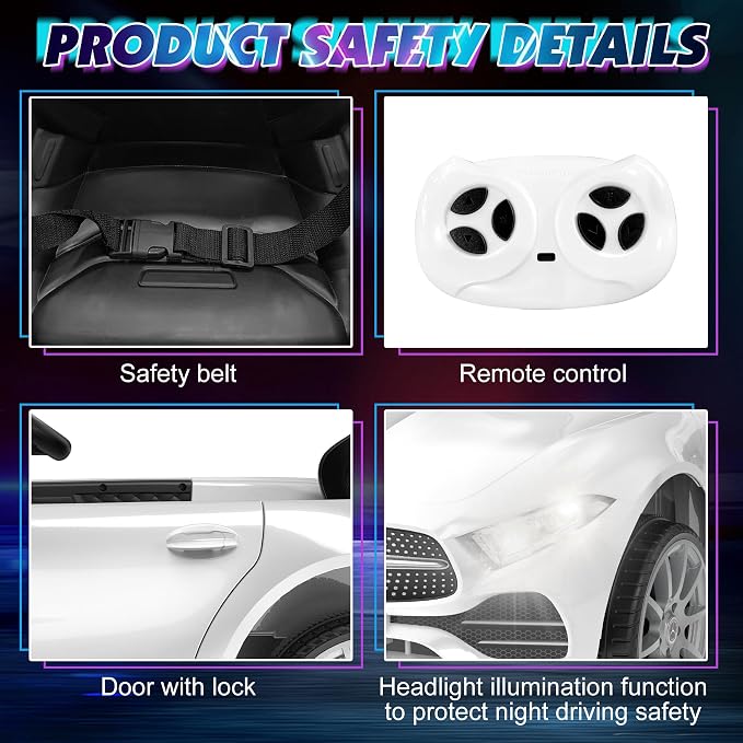 Battery Powered Electric Car Ride On Vehicle Double Doors, Safety Belt,LED Light (SC-White)