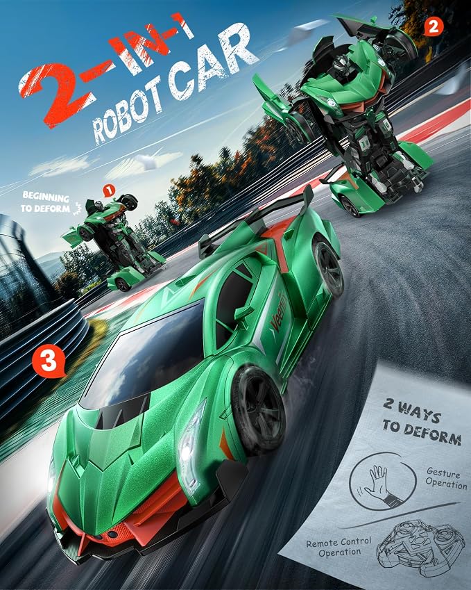 Veeniix V992 Transform Remote Control Car, 2-in-1 Transform Robot RC Cars,1:14 Scale,Robot Toy Car with Sound & Light,Gesture Sensing,Automatic Deformation,Gifts Toys for Boys and Girls 4-6(Green)