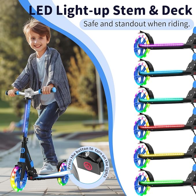 BELEEV V8 Scooters for Kids Ages 6+ with Light-Up Deck, 2 Wheel Folding Scooter for Kids, 4 Adjustable Height, Lightweight Sport Commuter Scooter, Sturdy Frame
