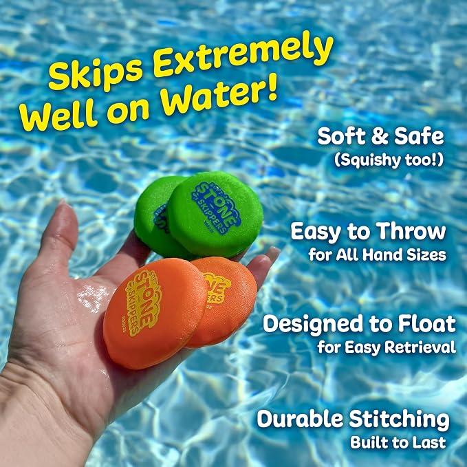 Soft Stone Skippers Game - Fun Pool Toys for Kids All Ages - 4 Pack Water Skipping Discs Set - Beach Games Summer Beach Gifts for Boys & Girls Ages 3 4 5 6 7 8 9 10 11 + Year Old - Water Toys