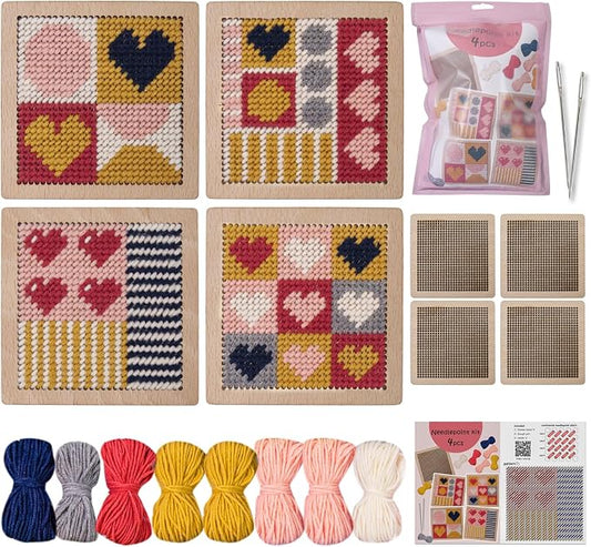 Yushen 4Pcs Heart Coaster Needlepoint Kit for Adult Cross Stitch Kits DIY Adults Needlepoint Embroidery Starter Set with Patterns Embroidery Needles Threads Crafts (Love)