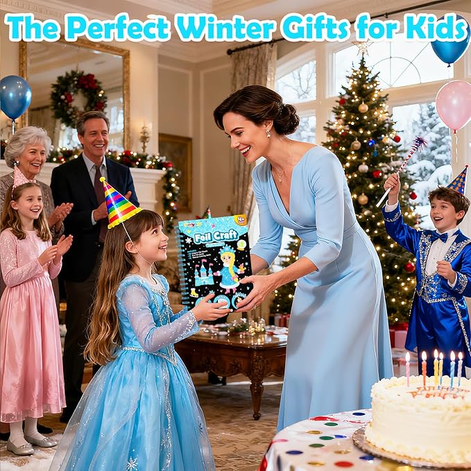 FUNNYB&G Foil Art Craft Kit for Girls 4-10 Years Old: Mess-Free & No-Glue, Create 16 Sparkly Winter Pictures – Perfect Travel Toy & Birthday Gift for Kids (Winter)
