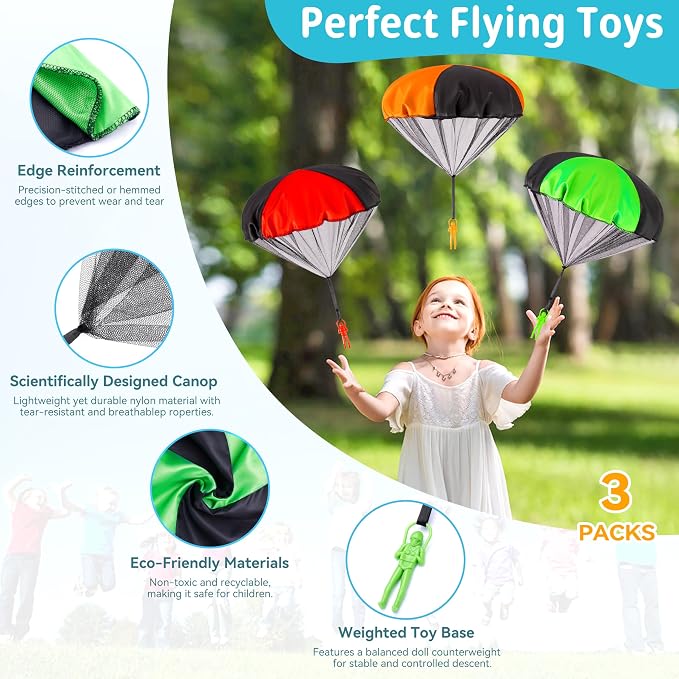 Yeeeasy Tangle-Free Parachute Toys for Kids - Outdoor Flying Game for Boys Girls Age 3-12 - Rip-Stop Hand Throw Army Men Action Figures - STEM Science Gift & Stocking Stuffers - Large 3Pcs