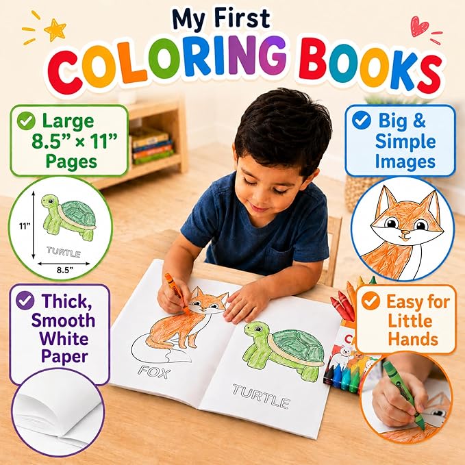 Coloring Books for Toddlers 1-3 with Large Pages & Crayons for Toddlers 1-3, Boys Coloring Book Set Featuring Letters, Numbers, Shapes, Animals & Food Activities, 2 Year Old Workbook Set in Blue Box