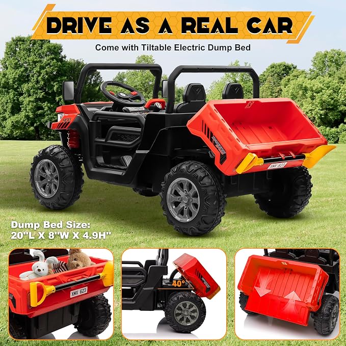 24V 4WD Ride on Car Dump Truck w/4X200W Motor, 2 Seaters, Gift Flower, 2.4G Remote Control, Bluetooth Music, LED Light, 24 Volt Ride on Toy Cars for Big Kids, Red
