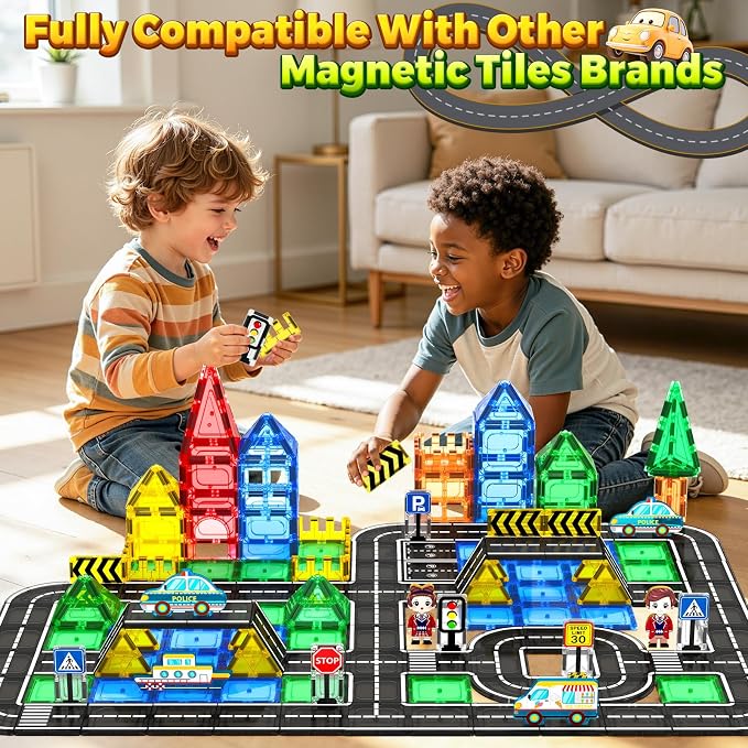 Magnetic Tiles Road Set, STEM Magnetic Blocks for Kids Ages 3-5 4-8 5-7, Construction Magnet Tiles Kids Toys, Christmas Birthday Gift for Boys Girls Ages 3+
