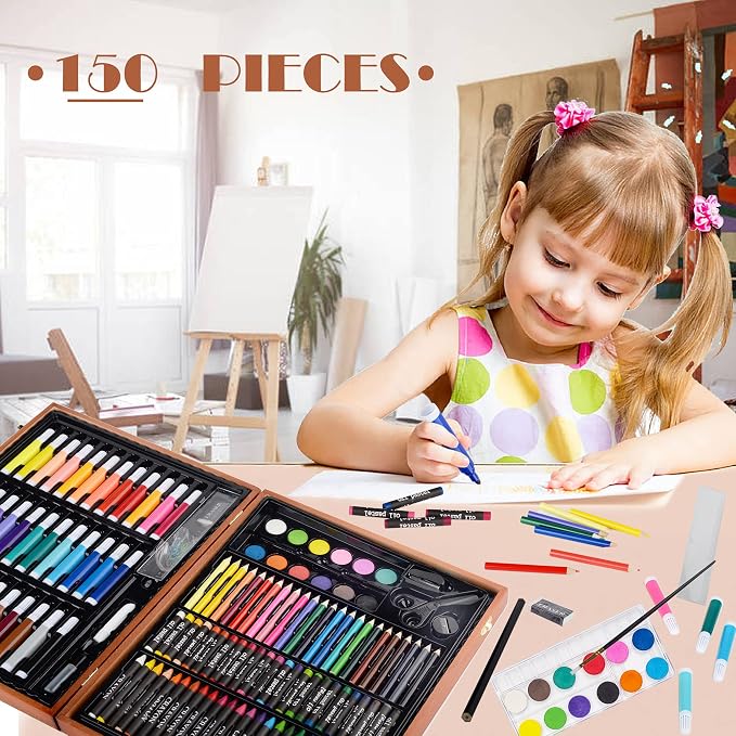 KINSPORY 150PC Art Set with Sketch Book, Coloring Art Kit Drawing Art Supplies Case, Markers Crayon Colour Pencils for Budding Artists Kids Teens Boys (Brown)