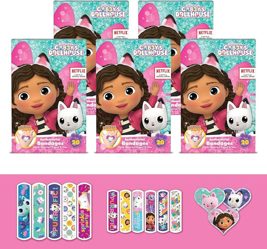 Gabby's Dollhouse Bandages, 3 Assorted Sizes 100 CT | Wear Like Stickers, Flexible Adhesive Bandages for Minor Cuts, Scrapes, and Burns, Great Gift Idea for Kids