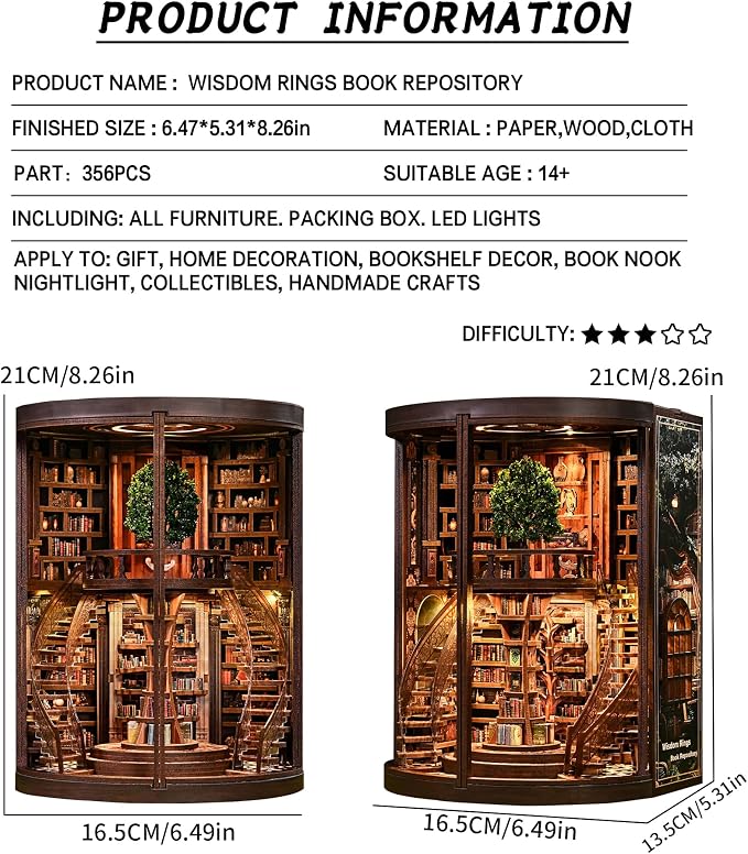 Roroom DIY Miniature House Kit, Wisdom Rings Book Repository Book Nook Kit with LED Light,3D Wooden Puzzle Miniature Dollhouse Kit for Bookshelf Decor-Creative Gift for Family and Friends