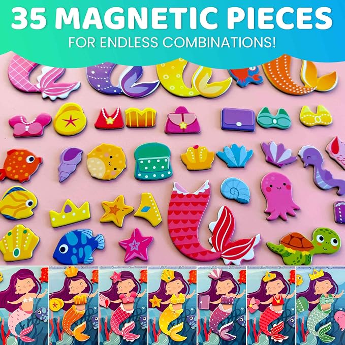 QUOKKA Magnetic Dress-Up Dolls for Girls Boys with 35 Magnetic Pieces - Creative Magnetic Play Set for Home or Travel - Perfect Magnetic Paper Dolls for Ages 3 and Up, Boost Storytelling with Mermaids