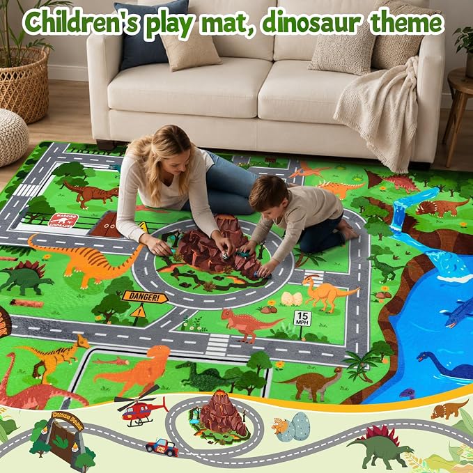 Kids Dinosaur Rug, 4'11" x 6'7" Kids Mat for Playroom– Extra Thick 0.4in Non-Slip Dino Safari Rug Road Play Mat for Classroom and Bedroom, Ideal for Educational Learning Play Areas（for Age 2+