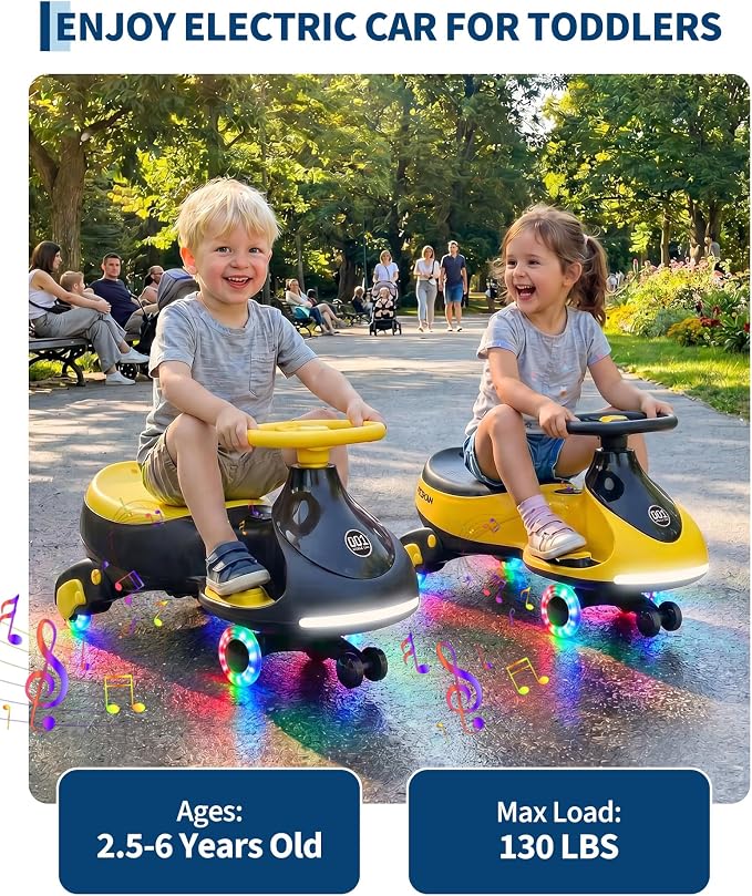 Garvee 12V Electric Wiggle Car for Kids, 2 in 1 Swing Car with Pedal, Anti-Rollover, Max Load 130Lbs,Flashing Wheels, Music,Rechargeable Battery Ride on Toy Indoor Outdoor for Toddlers, Black