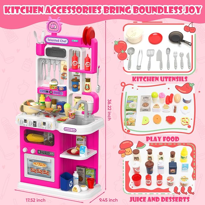 Kids Kitchen Playset, 36.22'' Play Kitchen for Toddlers 3-5 with Steam, Sound & Light, Cooking Stove, Play Sink, Oven and Toy Kitchen Accessories, Kitchen Set for Toddlers Girls 3 4 5 (Pink)