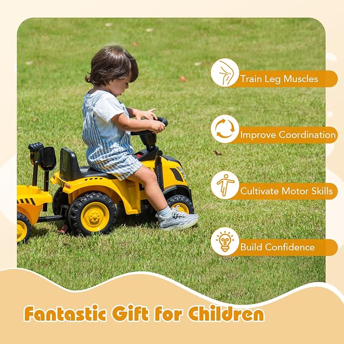 Costzon Kids Ride on Tractor, 2-in-1 Licensed Caterpillar Ride on Push Car w/Detachable Trailer, Horn, LED Lights, Rake & Shovel, Foot-to-Floor Sliding Car Gift w/No Power, Ride on Toy for Toddlers